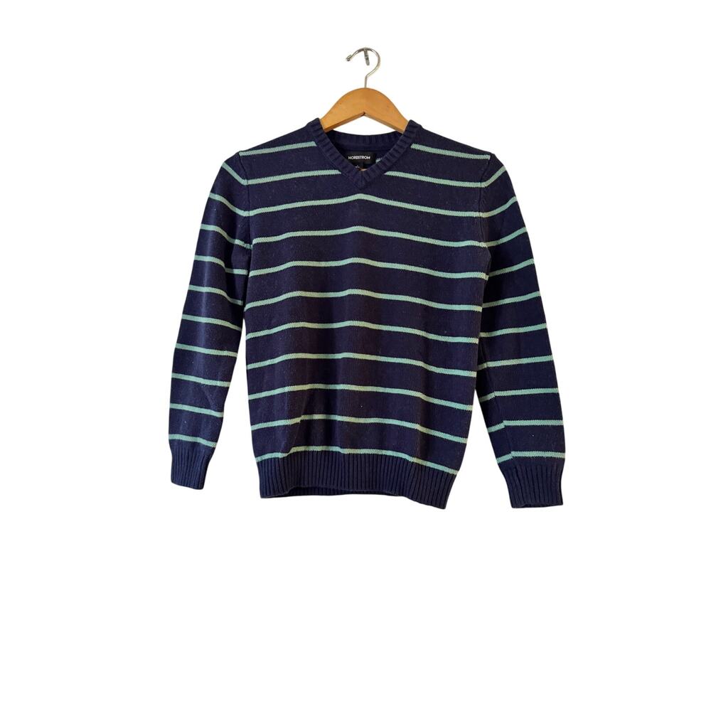 Nordstrom Kids Stripe Cotton Blend V-Neck Sweater Size L 10/12 Navy Mint Green